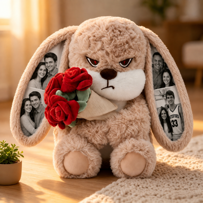 Personalized Grumpy Bunny Plush Toy with Custom Photo Ears, Cute Stuffed Rabbit Holding Roses, Gift for Her, Him, Couples & Loved Ones
