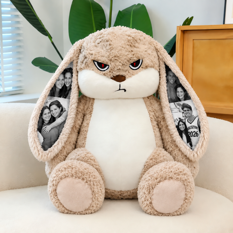 Personalized Grumpy Bunny Plush Toy with Custom Photo Ears, Cute Stuffed Rabbit Holding Roses, Gift for Her, Him, Couples & Loved Ones