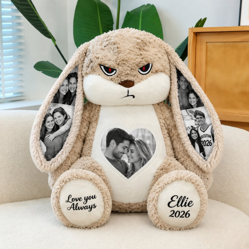 Personalized Grumpy Bunny Plush Toy with Custom Photo Ears, Cute Stuffed Rabbit Holding Roses, Gift for Her, Him, Couples & Loved Ones