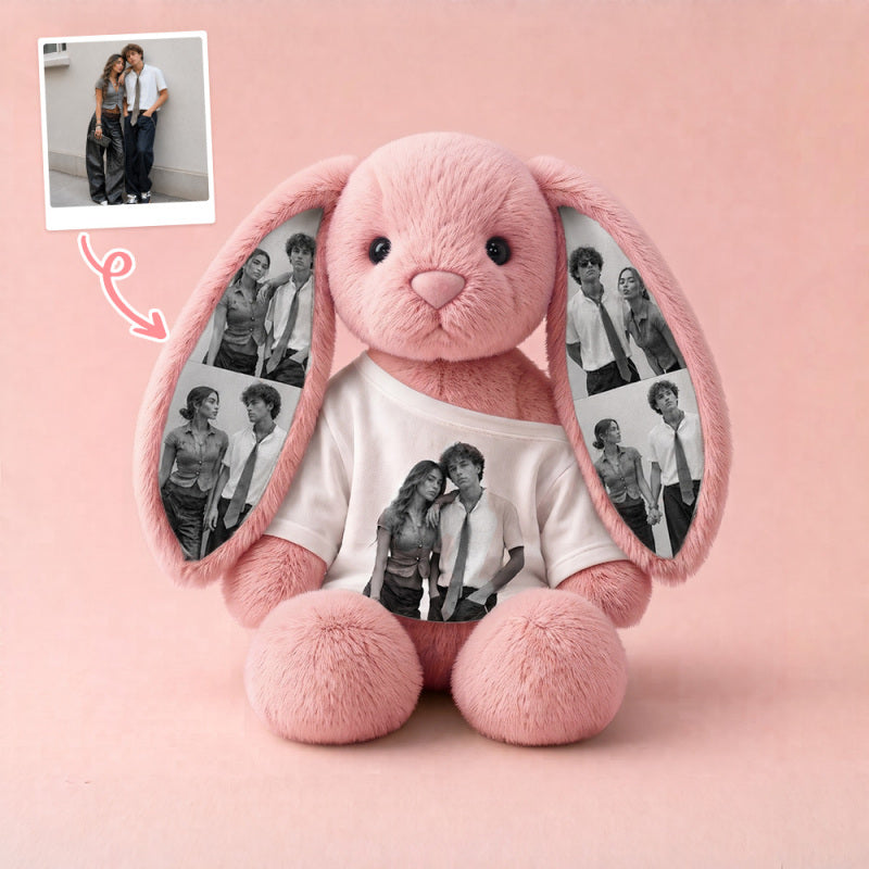 Personalized Bunny Plush with Your Photos – Custom Printed Ears & Shirt Stuffed Rabbit Toy, Cute Memory Keepsake Gift for Couples & Kids