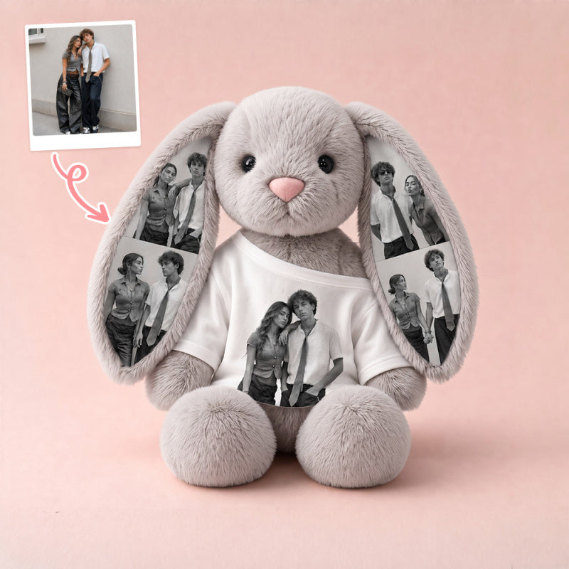 Personalized Bunny Plush with Your Photos – Custom Printed Ears & Shirt Stuffed Rabbit Toy, Cute Memory Keepsake Gift for Couples & Kids