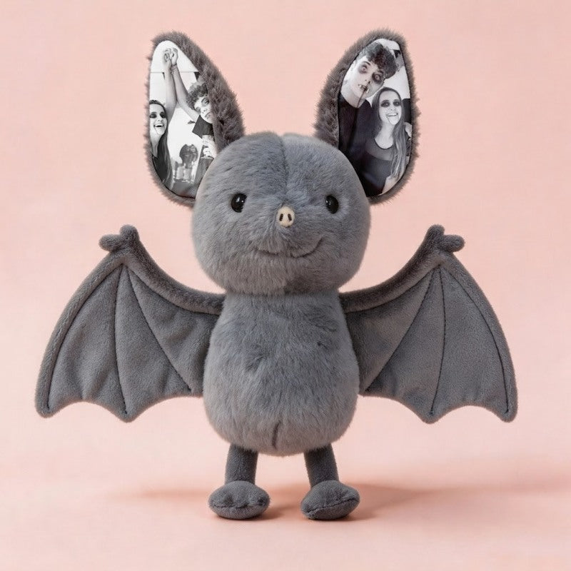 Custom Photo Bat Plush Toy, Personalized Picture Ears & Wings Stuffed Animal, Spooky Halloween Couple Gift, Custom Photo Memory Plushie Decor