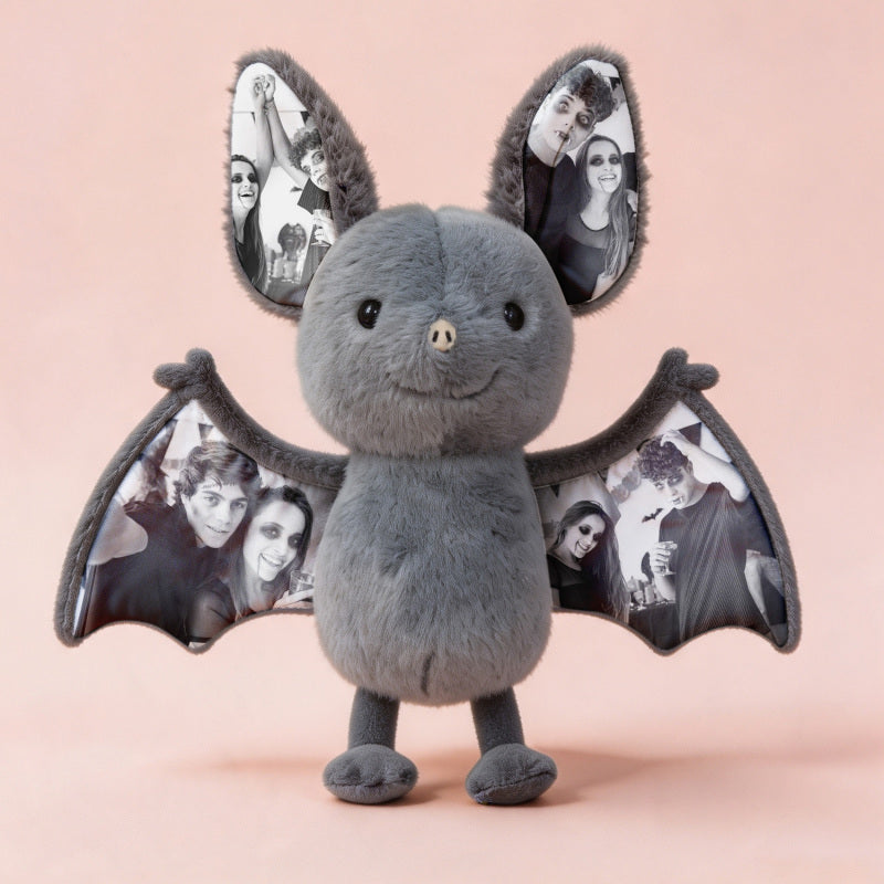 Custom Photo Bat Plush Toy, Personalized Picture Ears & Wings Stuffed Animal, Spooky Halloween Couple Gift, Custom Photo Memory Plushie Decor