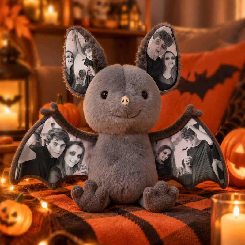 Custom Photo Bat Plush Toy, Personalized Picture Ears & Wings Stuffed Animal, Spooky Halloween Couple Gift, Custom Photo Memory Plushie Decor
