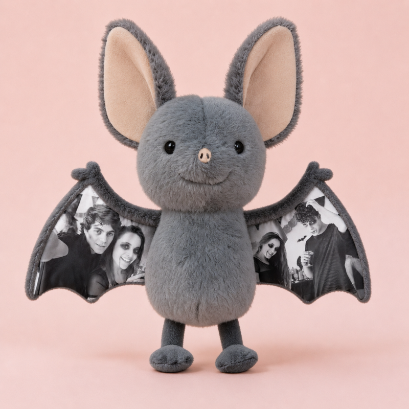 Custom Photo Bat Plush Toy, Personalized Picture Ears & Wings Stuffed Animal, Spooky Halloween Couple Gift, Custom Photo Memory Plushie Decor