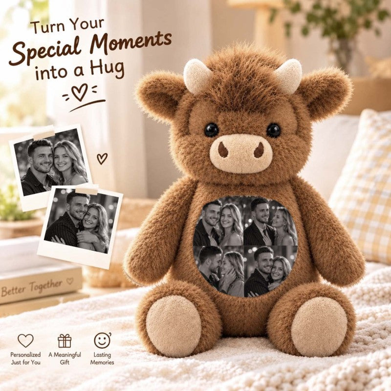 Custom Photo Highland Cow Plush Toy Personalized Picture Stuffed Highland Cattle Cute Family & Anniversary Keepsake Gift for Kids & Couples