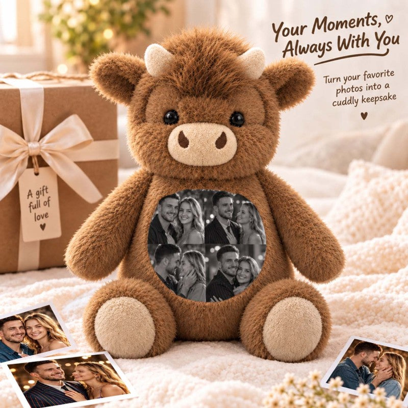 Custom Photo Highland Cow Plush Toy Personalized Picture Stuffed Highland Cattle Cute Family & Anniversary Keepsake Gift for Kids & Couples
