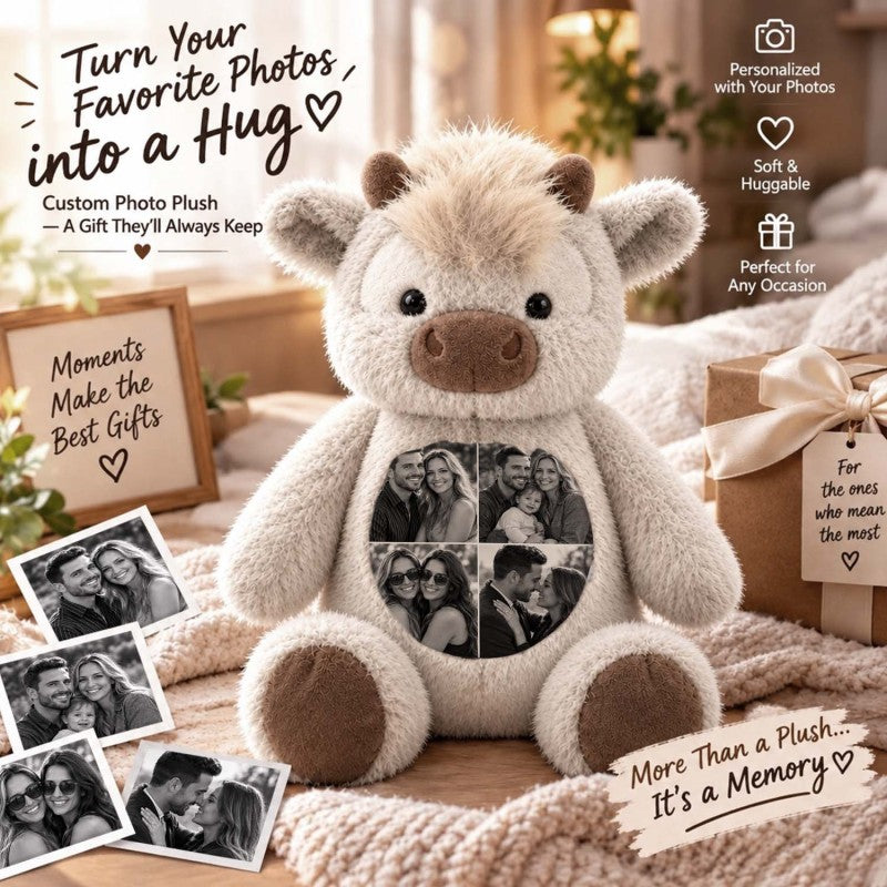 Custom Photo Highland Cow Plush Toy Personalized Picture Stuffed Highland Cattle Cute Family & Anniversary Keepsake Gift for Kids & Couples