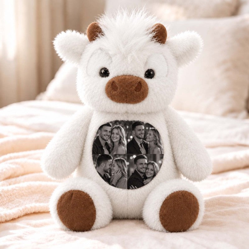 Custom Photo Highland Cow Plush Toy Personalized Picture Stuffed Highland Cattle Cute Family & Anniversary Keepsake Gift for Kids & Couples
