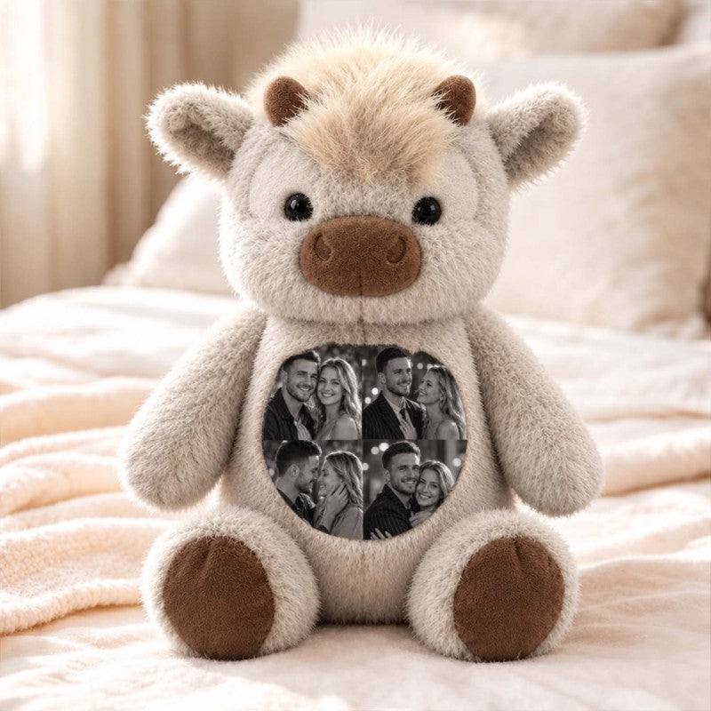 Custom Photo Highland Cow Plush Toy Personalized Picture Stuffed Highland Cattle Cute Family & Anniversary Keepsake Gift for Kids & Couples