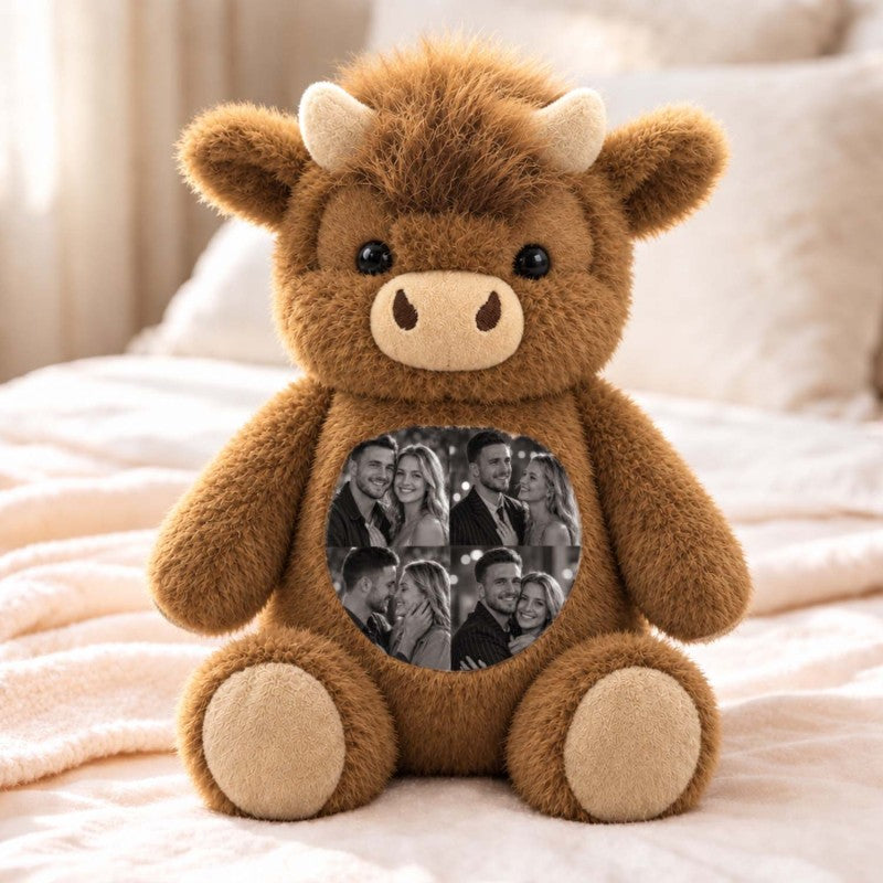 Custom Photo Highland Cow Plush Toy Personalized Picture Stuffed Highland Cattle Cute Family & Anniversary Keepsake Gift for Kids & Couples