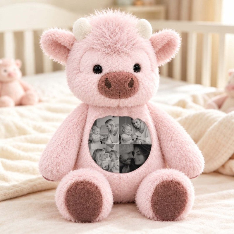 Custom Photo Highland Cow Plush Toy Personalized Picture Stuffed Highland Cattle Cute Family & Anniversary Keepsake Gift for Kids & Couples