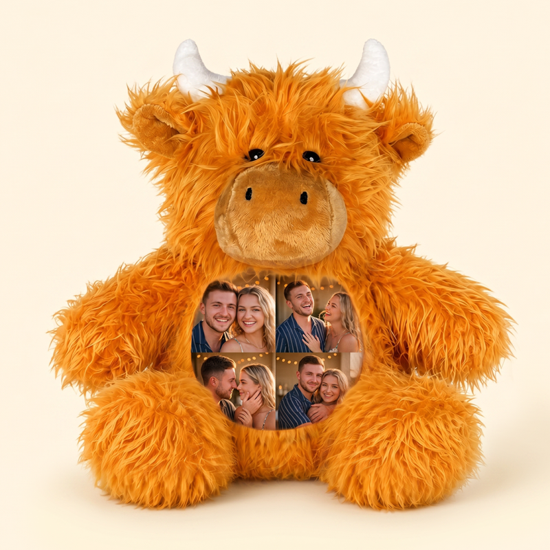 Custom Photo Highland Cow Plush, Personalized Picture Collage Highland Cow Stuffed Animal Toy, Fluffy Cow Plushie, Couple Anniversary Gift for Her Him