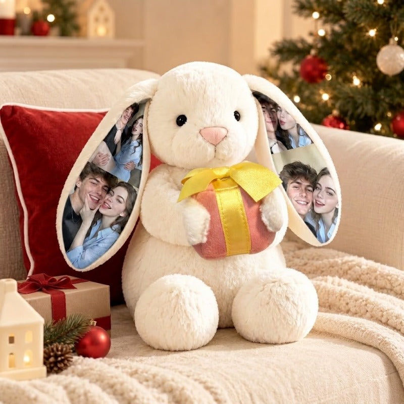 Personalized Ear Photo Long Ear Rabbit Doll with Gift Box, Custom Christmas & Valentine's Day Gift for Couple Girlfriend Bestie