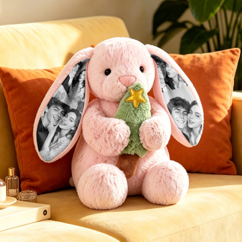 Custom Photo Christmas Tree Bunny Plush Personalized Hidden Ear Picture Bunny Gift for Couples Anniversary Gifts