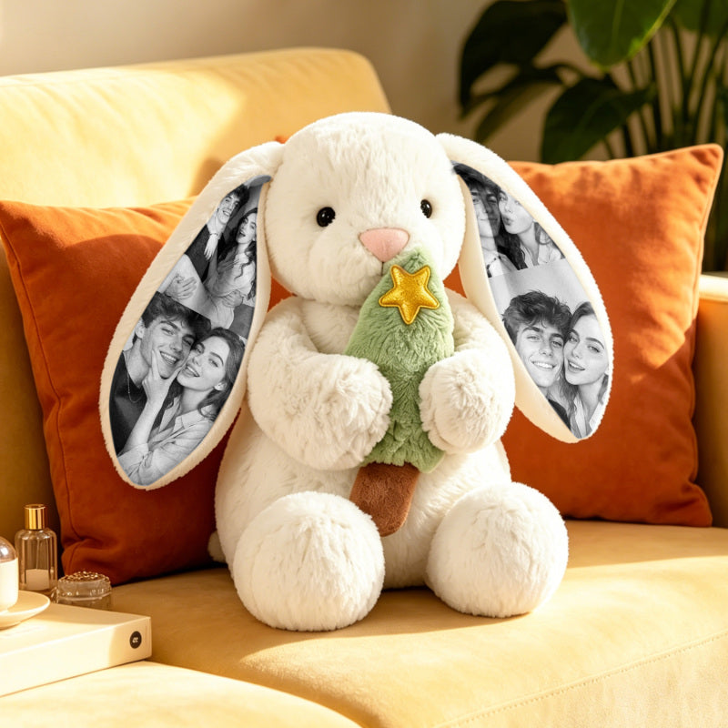 Custom Photo Christmas Tree Bunny Plush Personalized Hidden Ear Picture Bunny Gift for Couples Anniversary Gifts