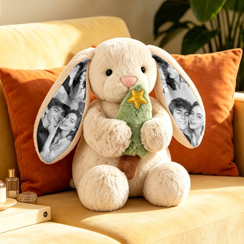 Custom Photo Christmas Tree Bunny Plush Personalized Hidden Ear Picture Bunny Gift for Couples Anniversary Gifts
