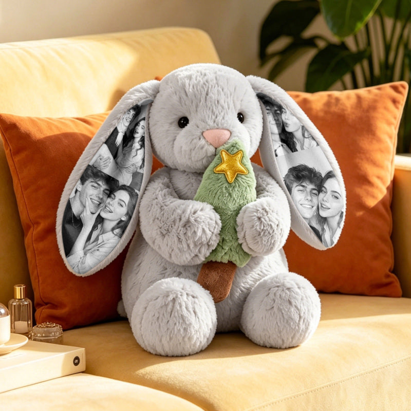 Custom Photo Christmas Tree Bunny Plush Personalized Hidden Ear Picture Bunny Gift for Couples Anniversary Gifts