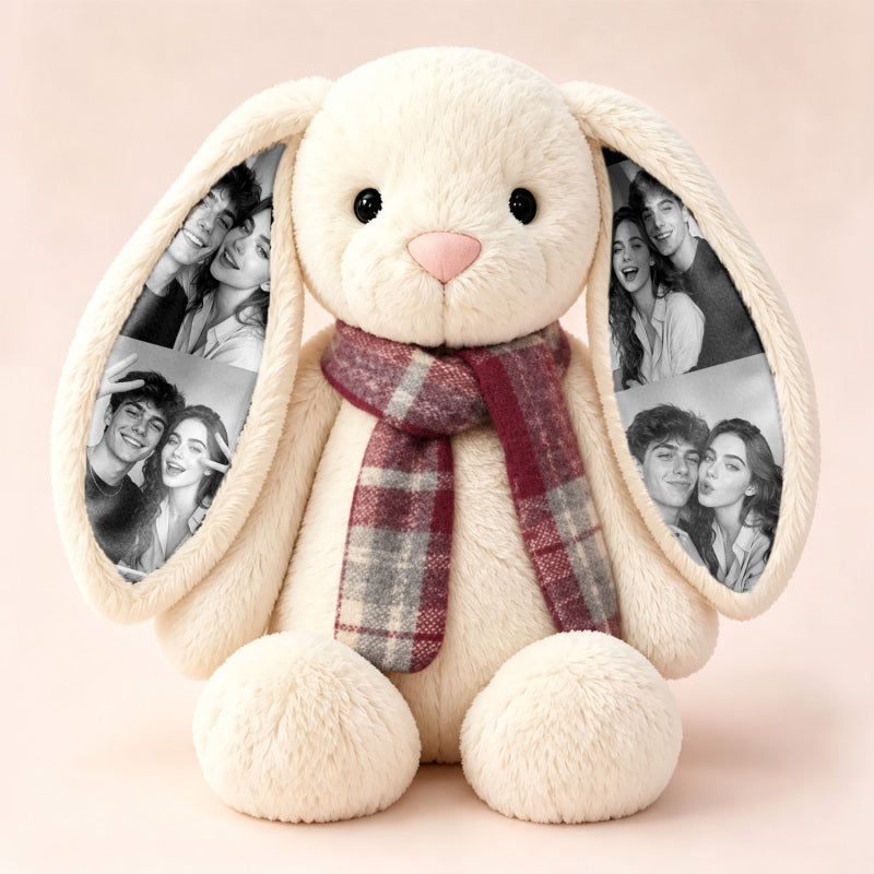 Custom Photo Long-Ear Bunny Plush with Christmas Winter Scarf Christmas Gifts