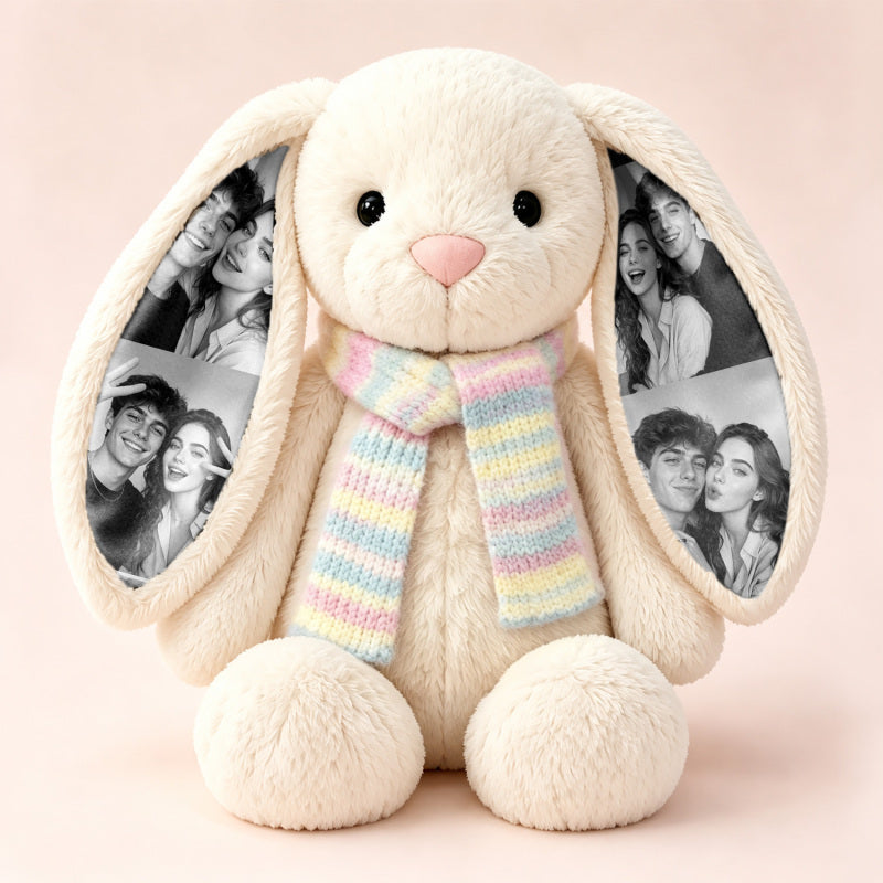 Custom Photo Long-Ear Bunny Plush with Christmas Winter Scarf Christmas Gifts