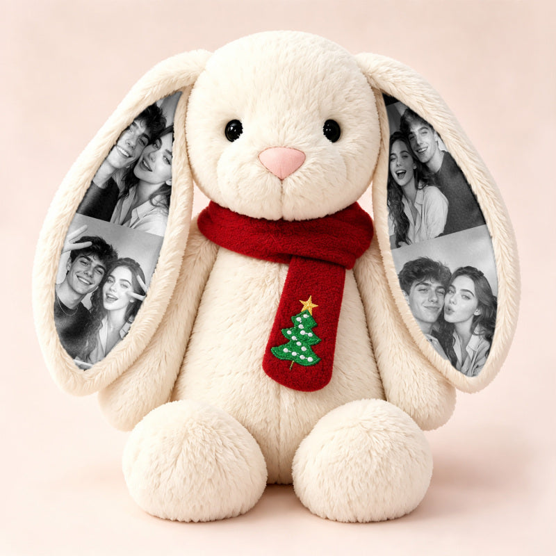 Custom Photo Long-Ear Bunny Plush with Christmas Winter Scarf Christmas Gifts