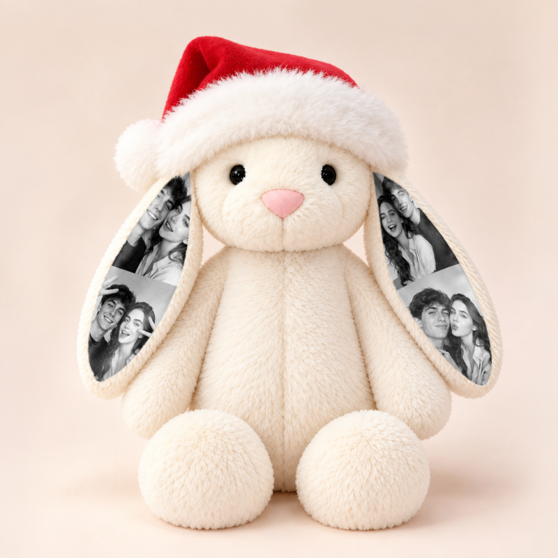 Custom Photo Bunny Plush Toy with Personalized Ears – Soft Stuffed Rabbit with Christmas Santa Hat, Unique Holiday & Anniversary Gift
