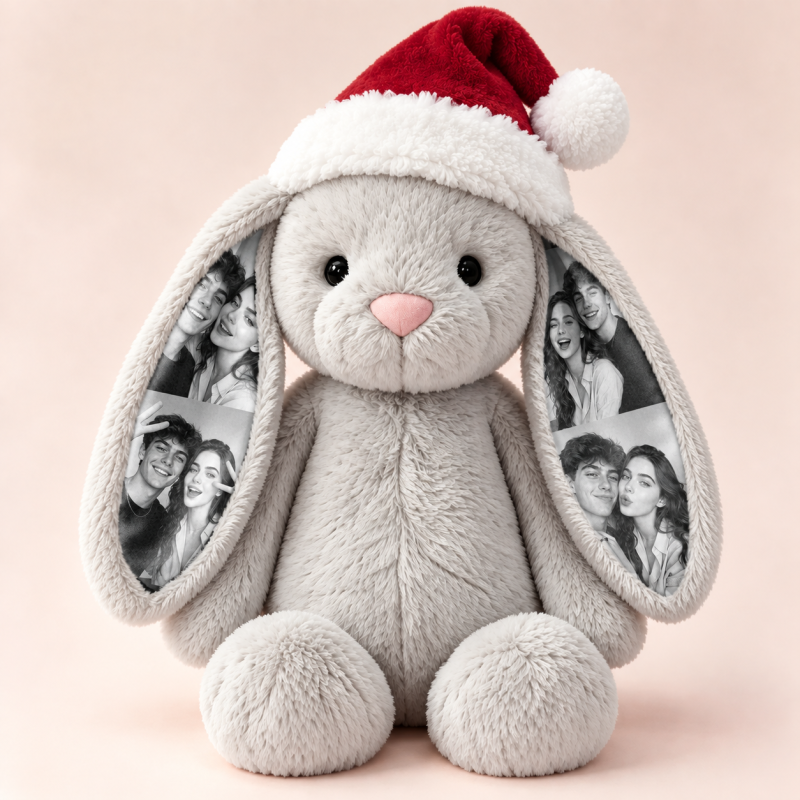 Custom Photo Bunny Plush Toy with Personalized Ears – Soft Stuffed Rabbit with Christmas Santa Hat, Unique Holiday & Anniversary Gift