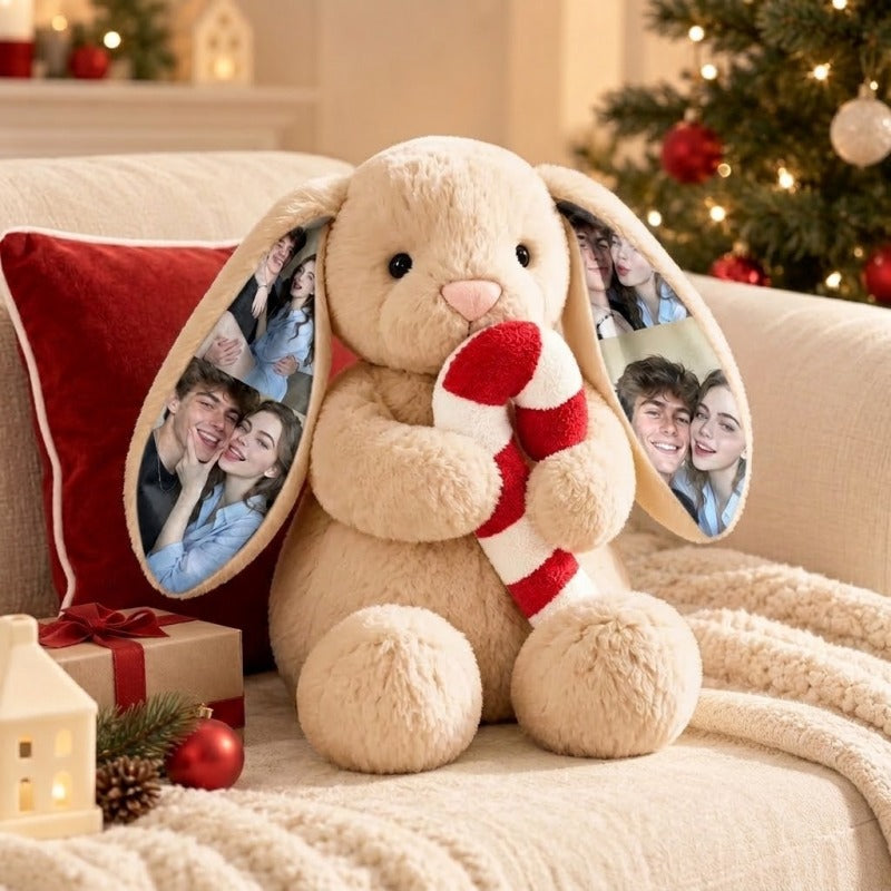 Custom Christmas Photo Bunny Plush holding Candy Cane – Personalized Stuffed Rabbit with Ear Pictures, Cute Holiday Keepsake & Xmas Gift for Couples, Family