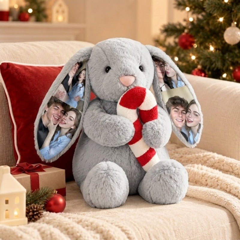 Custom Christmas Photo Bunny Plush holding Candy Cane – Personalized Stuffed Rabbit with Ear Pictures, Cute Holiday Keepsake & Xmas Gift for Couples, Family