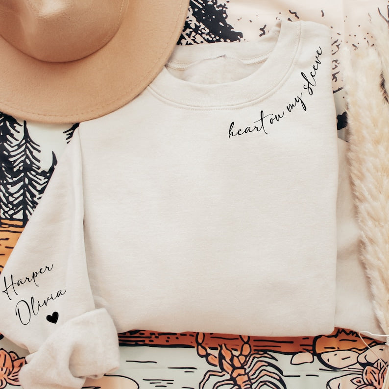 I Wear My Heart On My Sleeve Sweatshirt, Personalized Mama Sweatshirt With Kid Names, Mama Sweatshirt, Custom Mama Shirt With Children Names