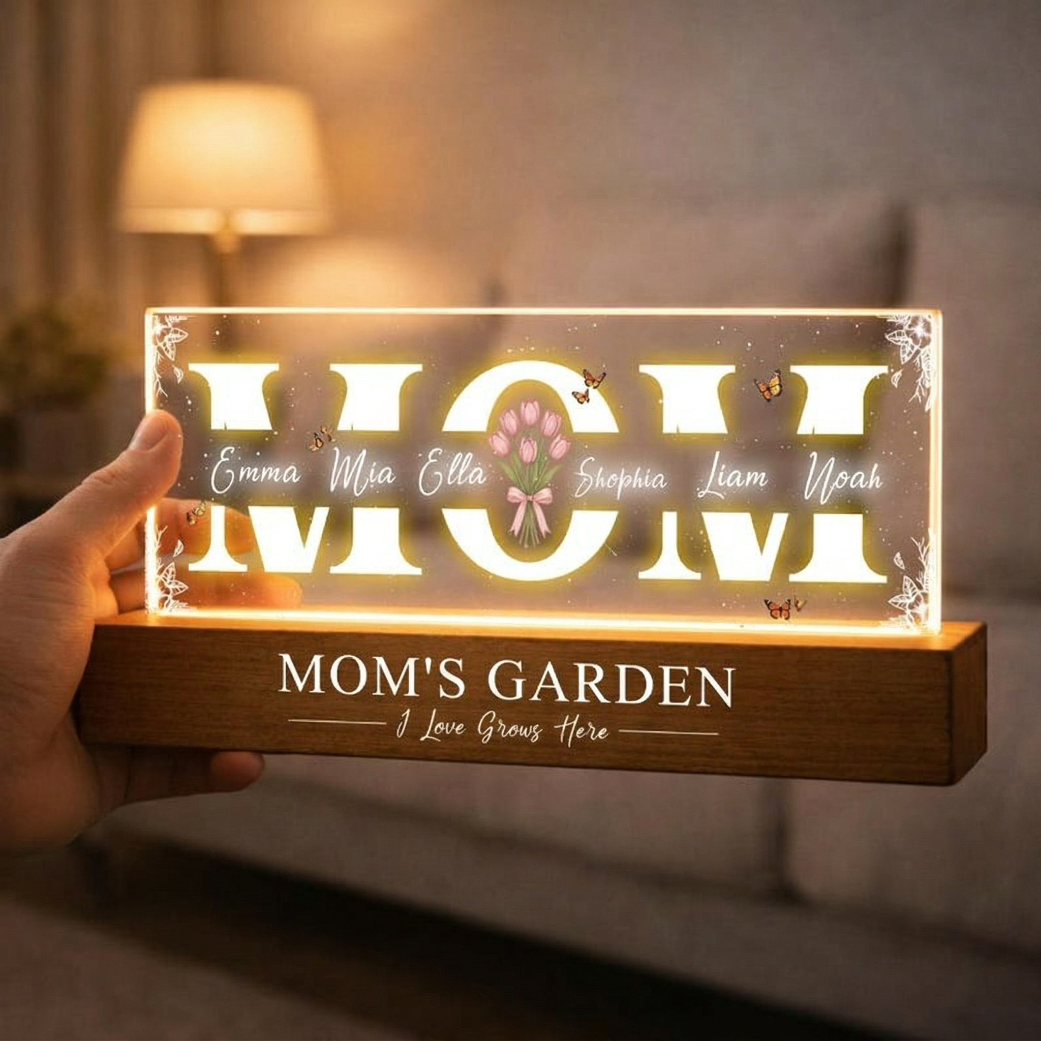 Custom MOM’s garden LED Lamp with Kids Names, Custom Mother’s Day Night Light