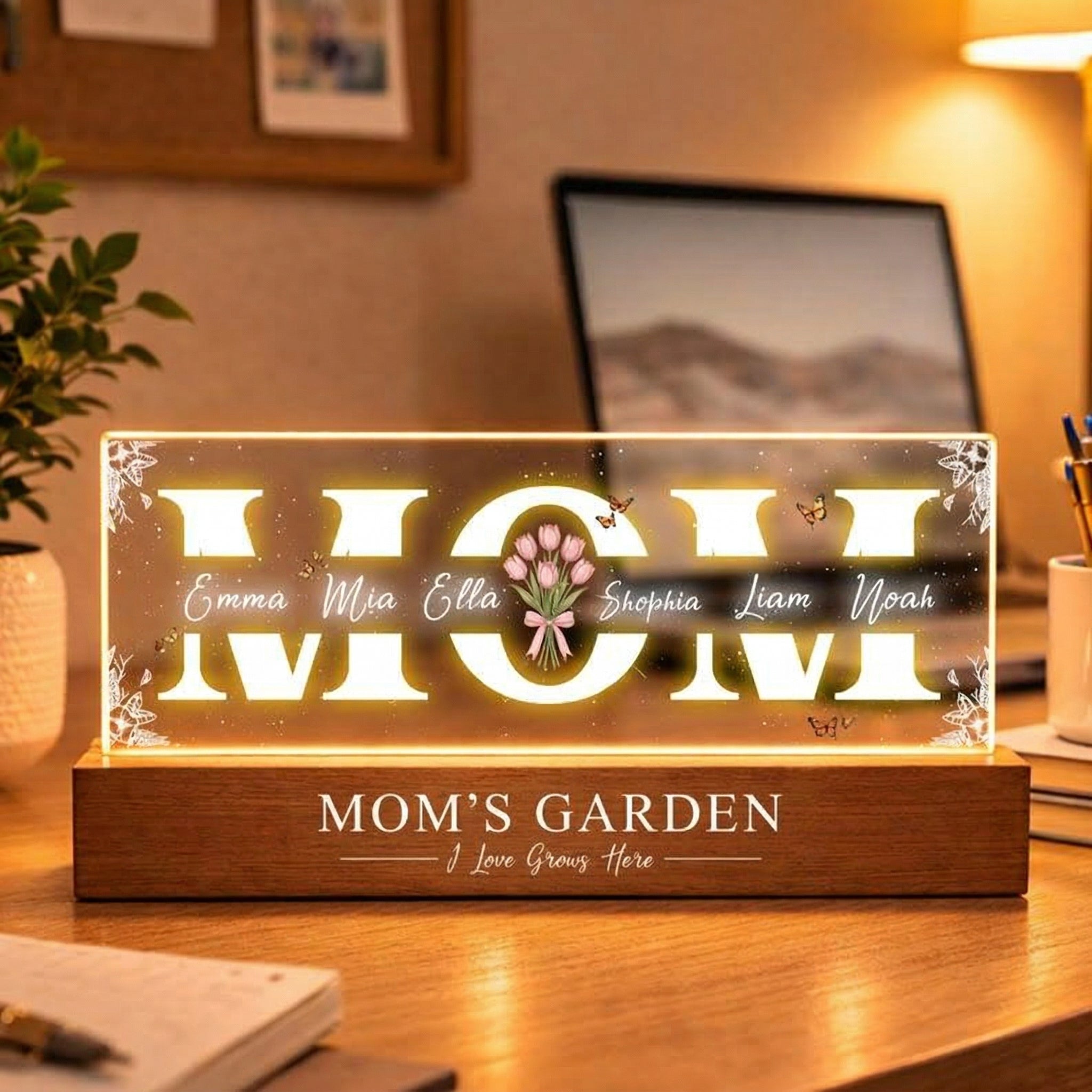 Custom MOM’s garden LED Lamp with Kids Names, Custom Mother’s Day Night Light