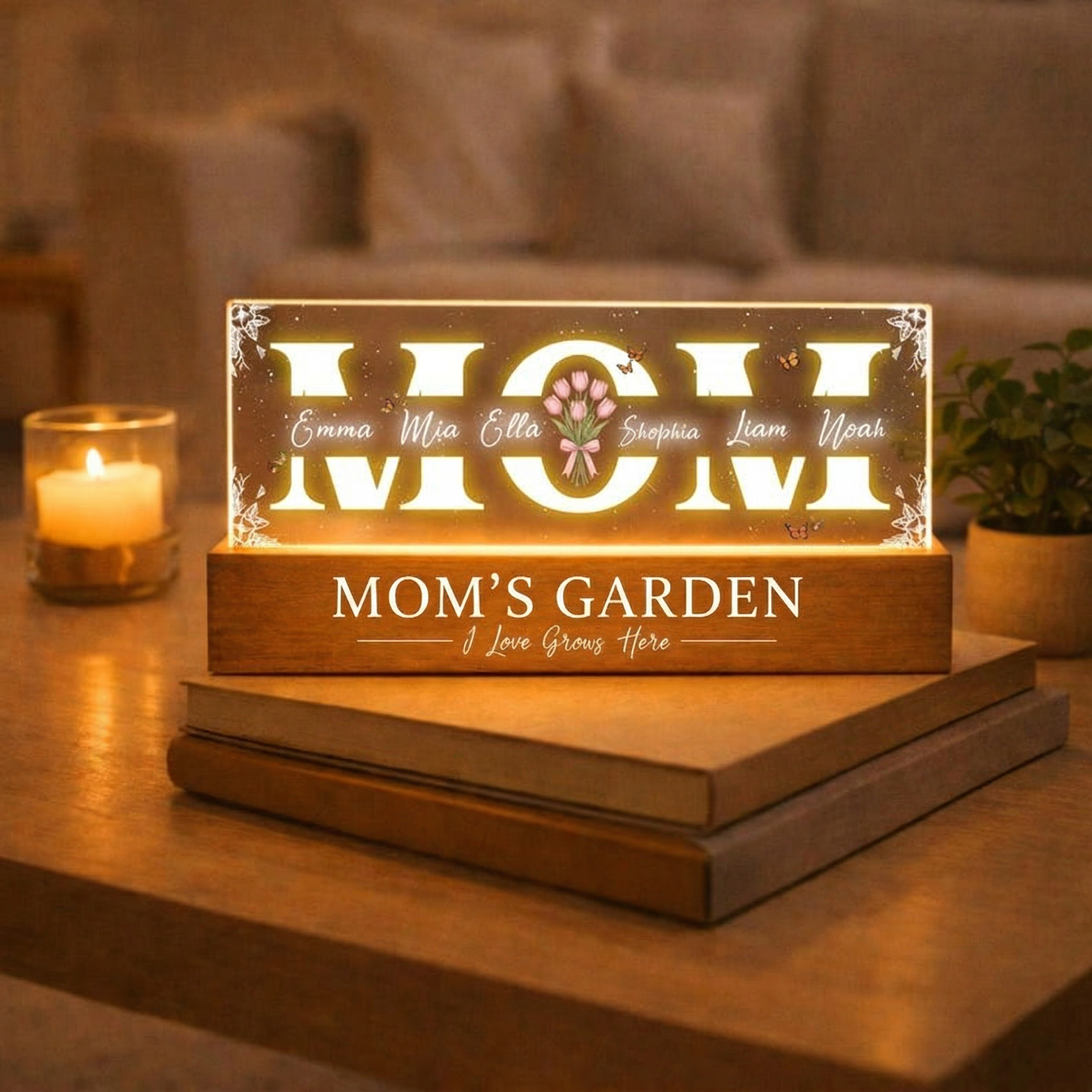 Custom MOM’s garden LED Lamp with Kids Names, Custom Mother’s Day Night Light