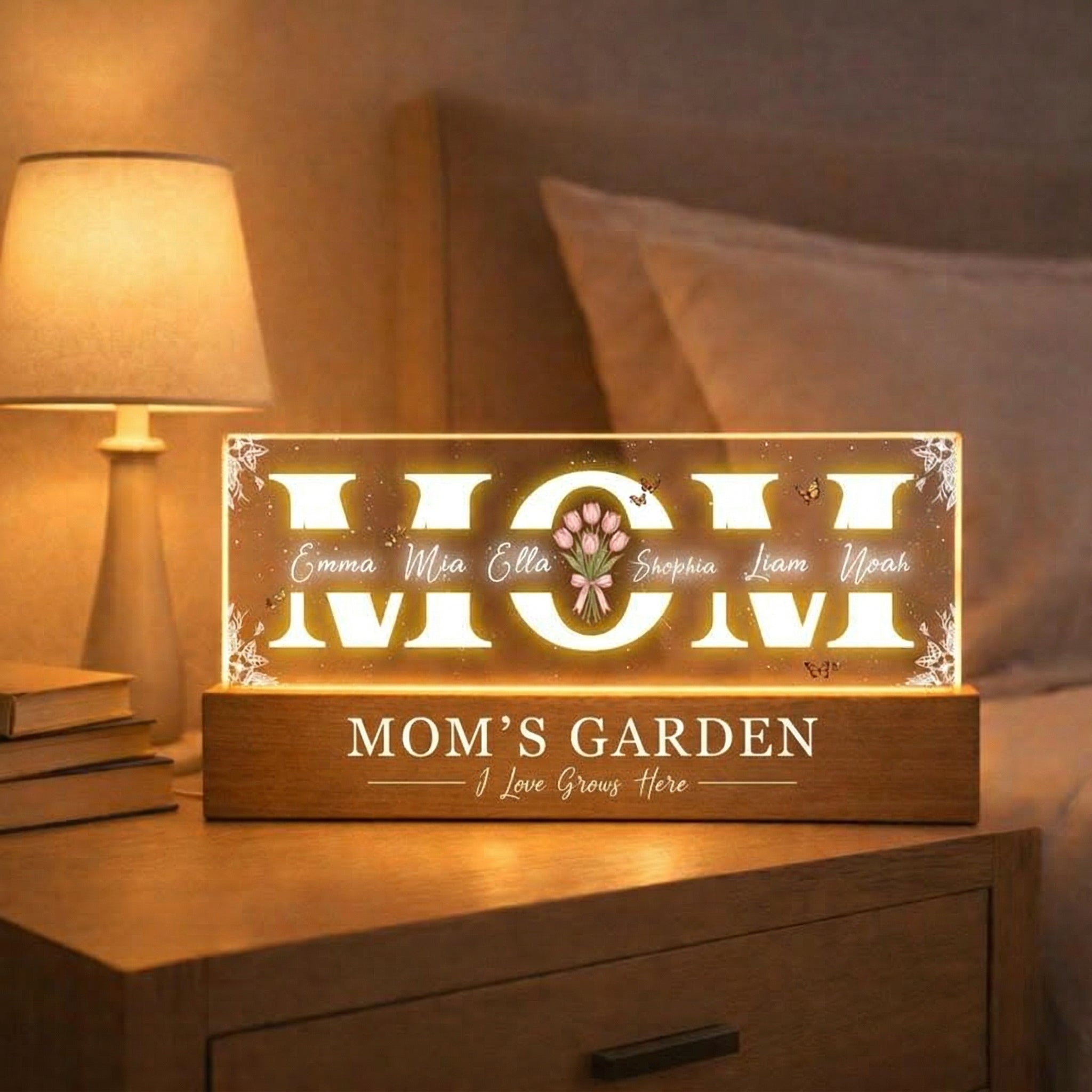 Custom MOM’s garden LED Lamp with Kids Names, Custom Mother’s Day Night Light