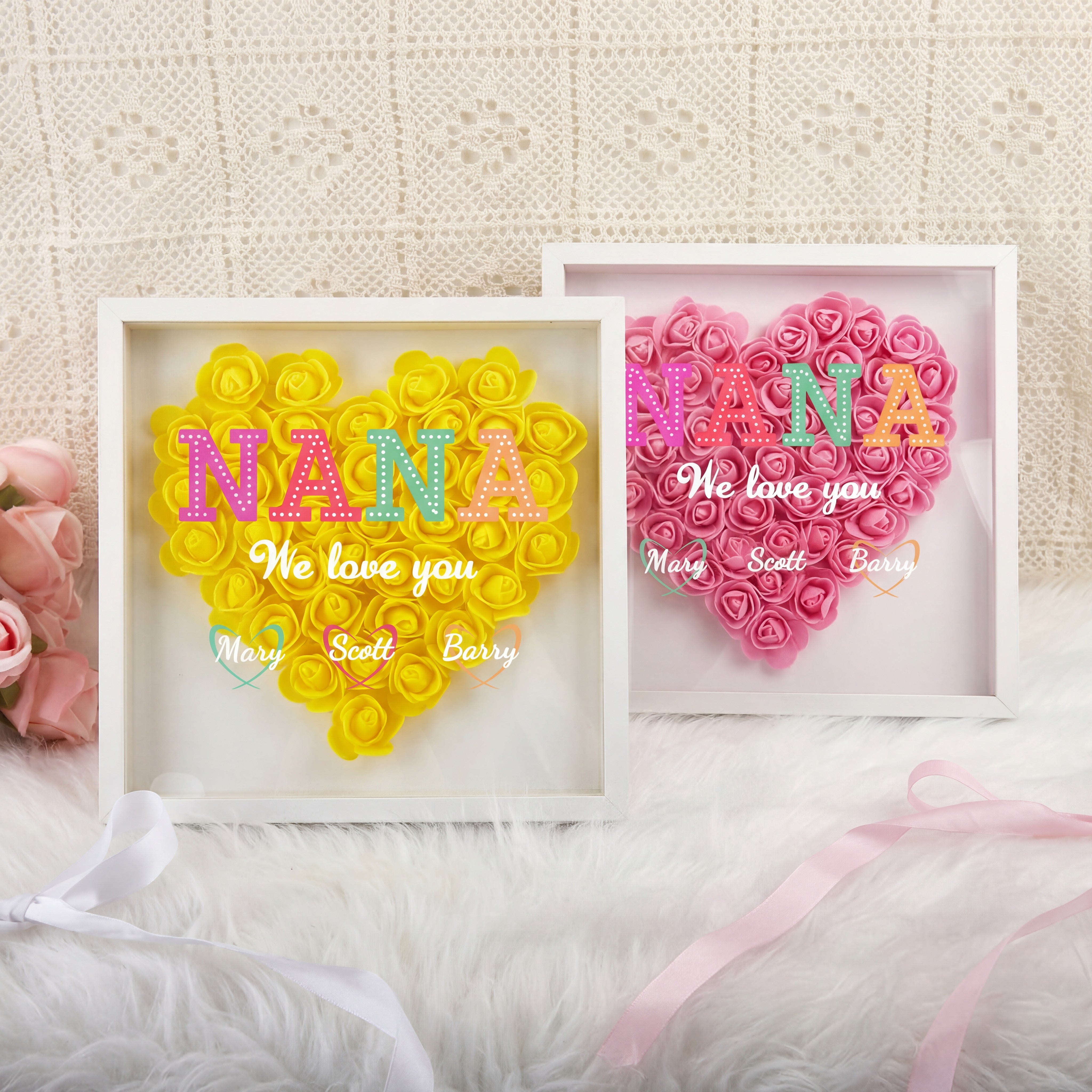 Mother's Day personalized Mom Flower Shadow Box, Customized Heart-Shaped Flower Shadow Box