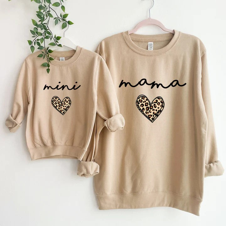 Mama & Mini Leopard Logo Heart Matching Black Sweatshirts