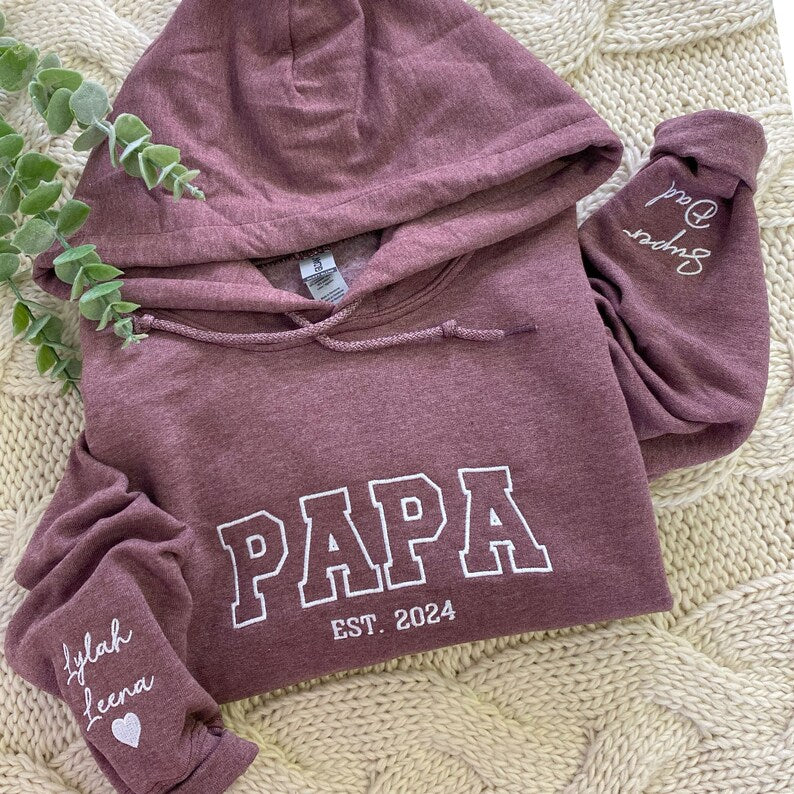 Custom Embroidered Papa Hoodie with Kids Names on Sleeve,Father's Day Gift