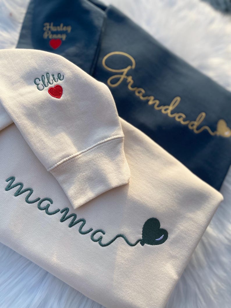 Custom Embroidered Mom Sweatshirt With Child's Name On The Sleeve, A Great Memorial Gift For Mom