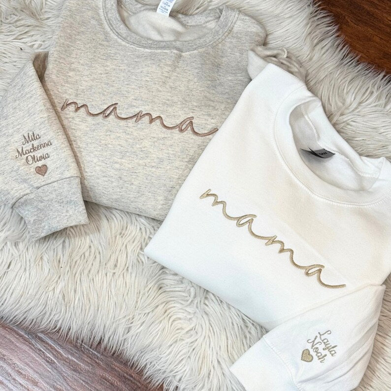 Embroidered Custom Mama Sweatshirt with Mama Birth Flowers & Names on Sleeve