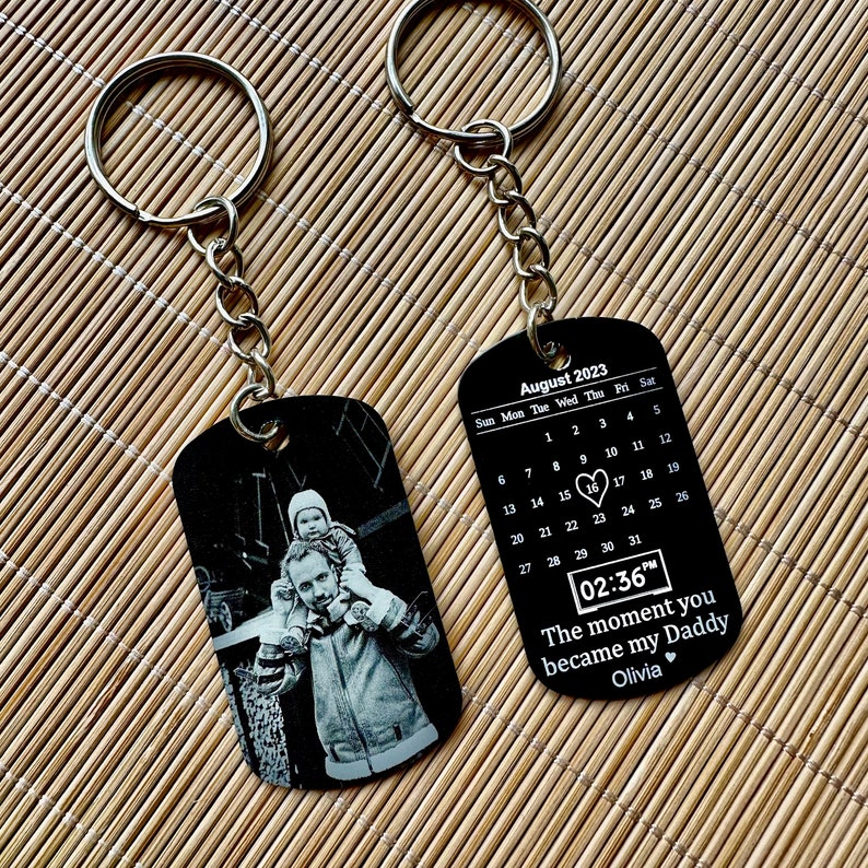 Custom Photo Key chain for Dad,Personalized Engraved Calendar Date Picture Key ring