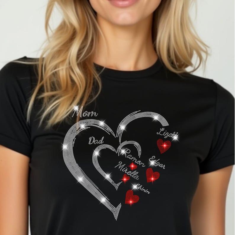 Custom Family Heart Rhinestone Shirt - Mom Dad Kids Names Personalized Shirt