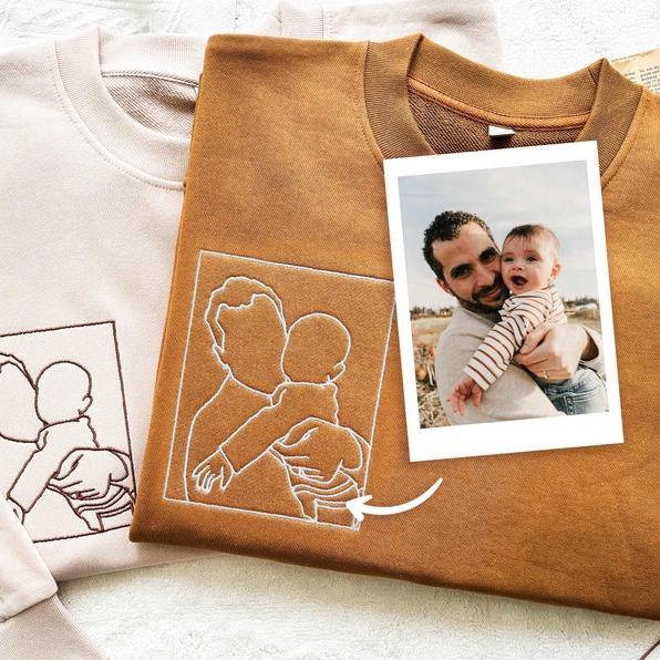 Personalized Dad Outline Embroidered Photo Shirt, Gift For Dad