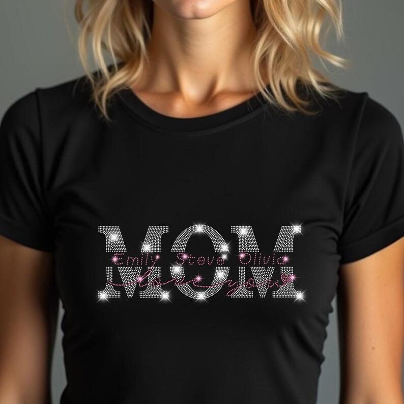Custom Mom Rhinestone Shirt With Kids' Names Inside -Mother's Day Mom Bling Shirt