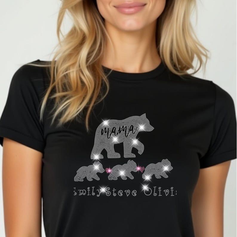 Custom Mama Bear With Cubs Rhinestone Shirt - Kids Names Mama Bear Tee