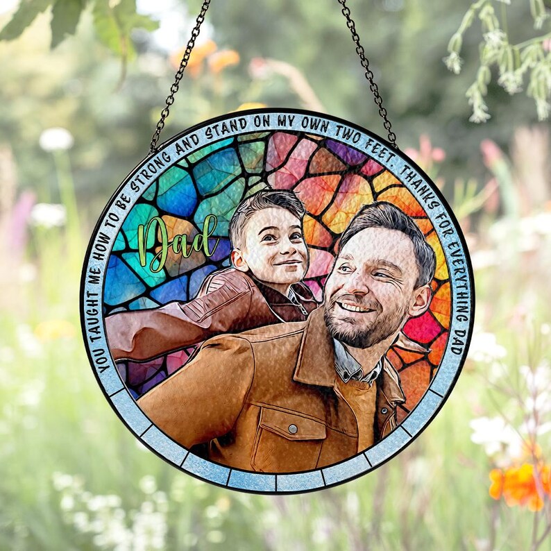 Personalized Grandpa Dad Portrait Photo Stained Glass Suncatcher Window Hanging