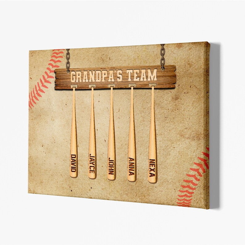 Personalized Gift Ideas For Grandpa, Custom Baseball Canvas, Grandpa's Team Art Print