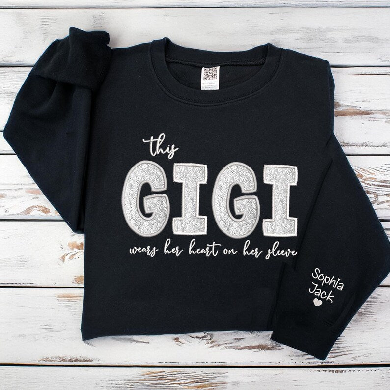 Custom Mom Wears Her Heart on Her Sleeves Glitter  Embroidered Sweatshirt