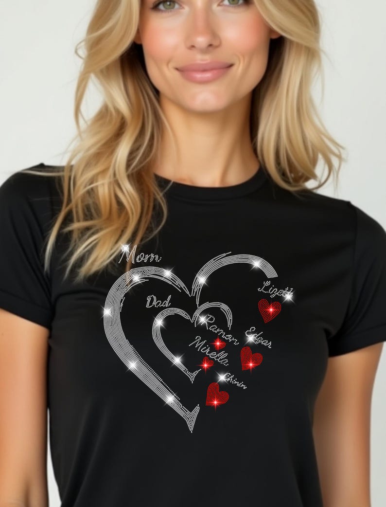 Custom Family Heart Rhinestone Shirt - Mom Dad Kids Names Personalized Shirt