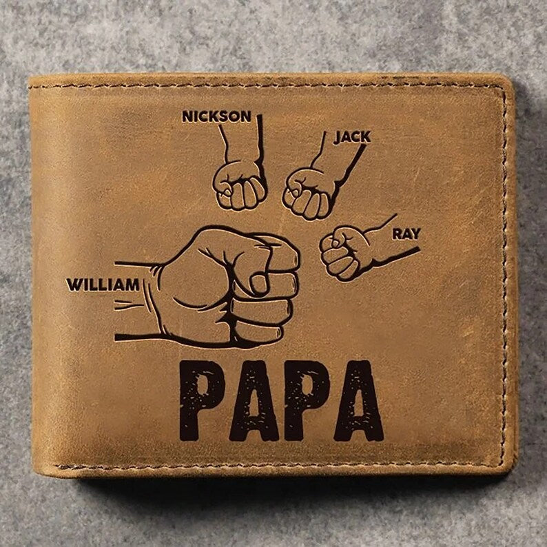 Papa Wallet Fist to Fist - PU Leather Wallet -Dad and Kids Name Wallet - Gift for Husband, Dad