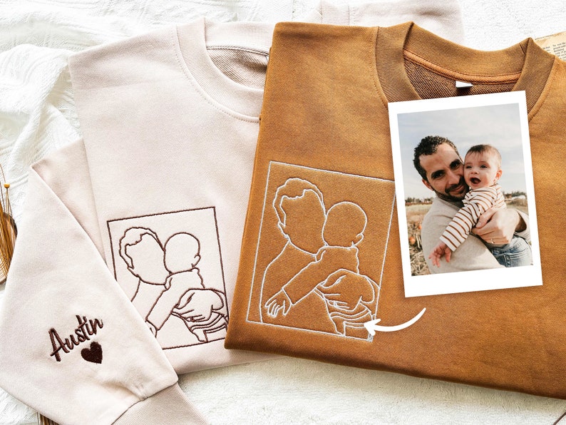Personalized Dad Outline Embroidered Photo Shirt, Gift For Dad